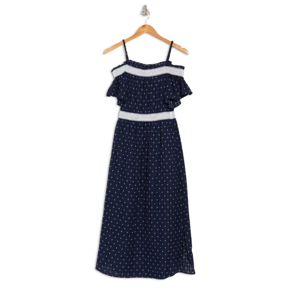 GABBY SKYE Cold Shoulder Printed Yarn Dye Dress NEW Large Navy Blue Peasant